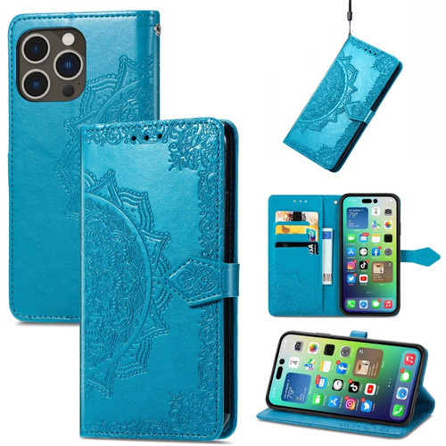 iPhone 15 Pro Mandala Flower Embossed Leather Phone Case - Blue