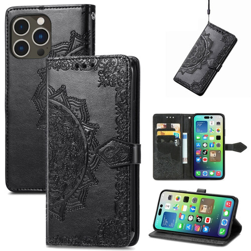 iPhone 15 Pro Mandala Flower Embossed Leather Phone Case - Black
