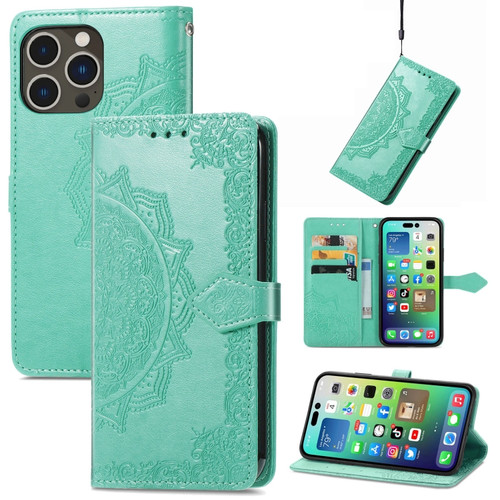 iPhone 15 Pro Mandala Flower Embossed Leather Phone Case - Green