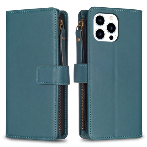 iPhone 15 Pro 9 Card Slots Zipper Wallet Leather Flip Phone Case - Green