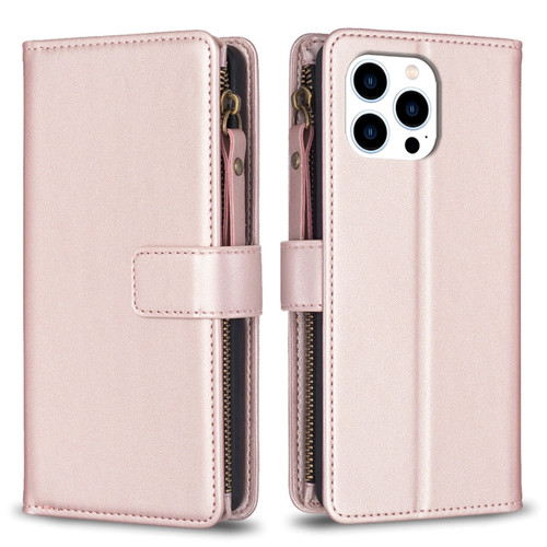 iPhone 15 Pro 9 Card Slots Zipper Wallet Leather Flip Phone Case - Rose Gold