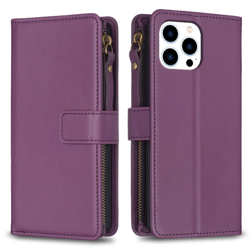 iPhone 15 Pro 9 Card Slots Zipper Wallet Leather Flip Phone Case - Dark Purple