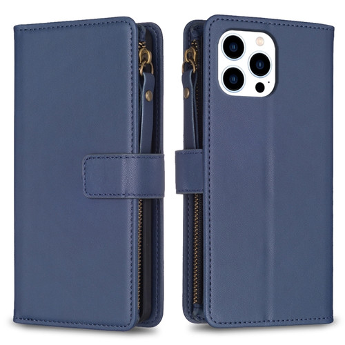 iPhone 15 Pro 9 Card Slots Zipper Wallet Leather Flip Phone Case - Blue