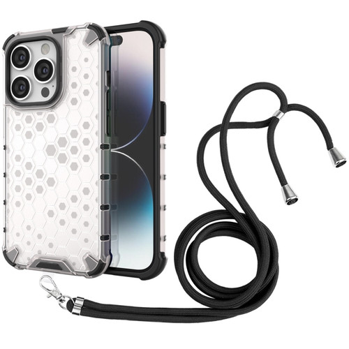 iPhone 15 Pro Lanyard Honeycomb Phone Case - White