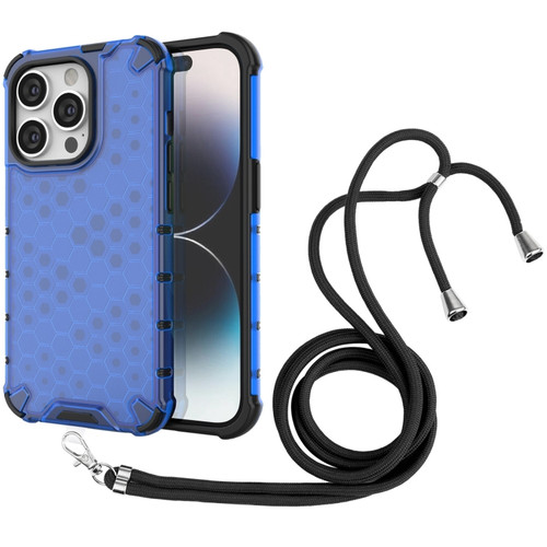 iPhone 15 Pro Lanyard Honeycomb Phone Case - Blue