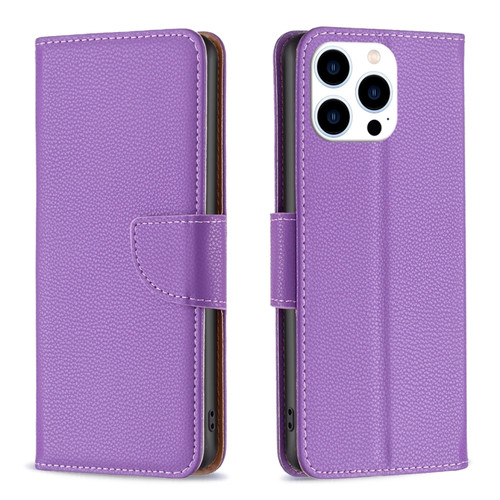 iPhone 15 Pro Litchi Texture Pure Color Flip Leather Phone Case - Purple