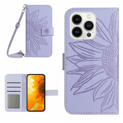 iPhone 15 Pro Skin Feel Sun Flower Embossed Flip Leather Phone Case with Lanyard - Purple