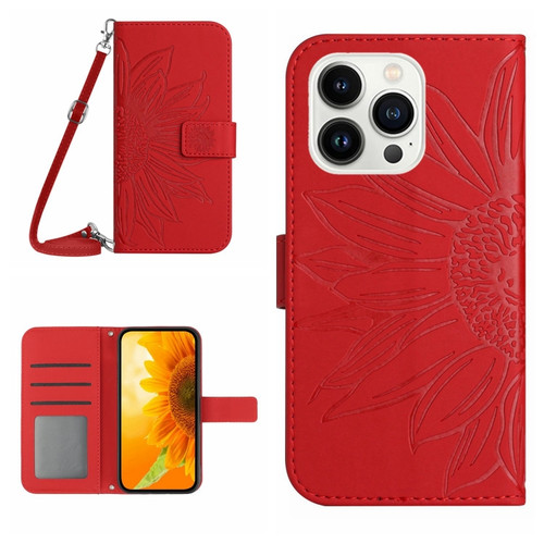 iPhone 15 Pro Skin Feel Sun Flower Embossed Flip Leather Phone Case with Lanyard - Red