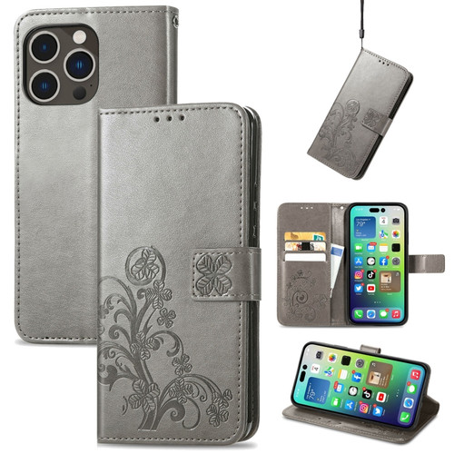 iPhone 15 Pro Four-leaf Clasp Embossed Buckle Leather Phone Case - Gray