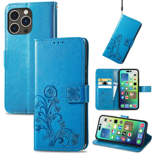 iPhone 15 Pro Four-leaf Clasp Embossed Buckle Leather Phone Case - Blue