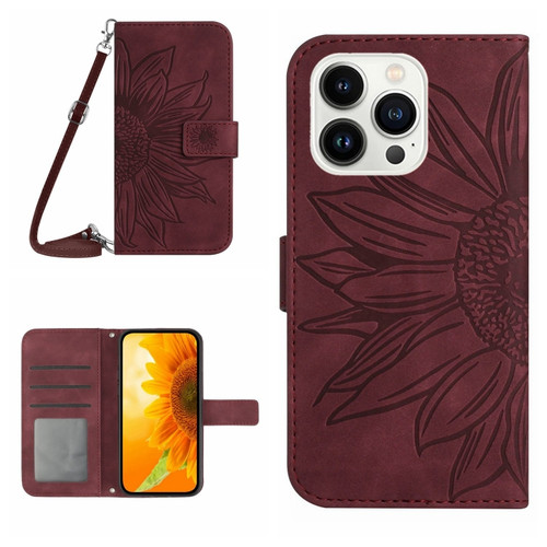 iPhone 15 Pro Skin Feel Sun Flower Embossed Flip Leather Phone Case with Lanyard - Wine Red