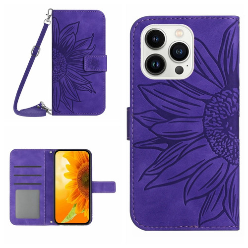 iPhone 15 Pro Skin Feel Sun Flower Embossed Flip Leather Phone Case with Lanyard - Dark Purple