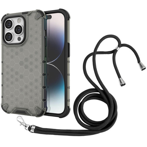 iPhone 15 Pro Lanyard Honeycomb Phone Case - Black