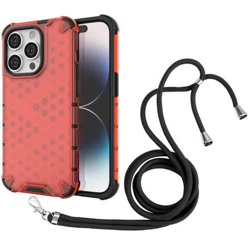 iPhone 15 Pro Lanyard Honeycomb Phone Case - Red