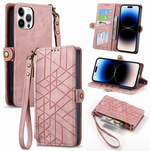 iPhone 15 Pro Geometric Zipper Wallet Side Buckle Leather Phone Case - Pink