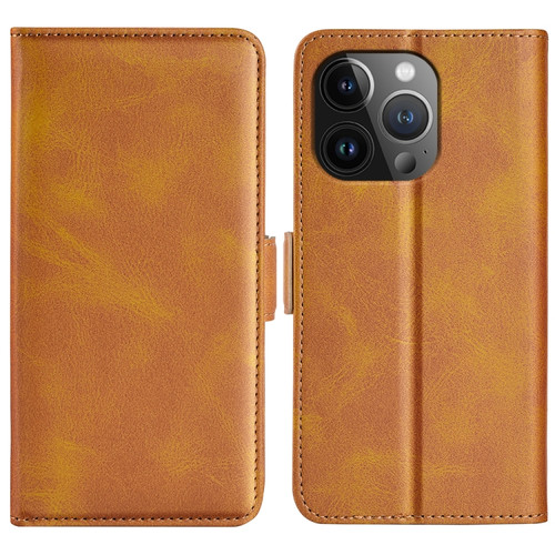 iPhone 15 Pro Dual-side Magnetic Buckle Horizontal Flip Leather Phone Case - Brown
