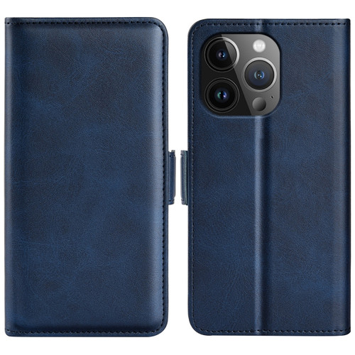 iPhone 15 Pro Dual-side Magnetic Buckle Horizontal Flip Leather Phone Case - Dark Blue