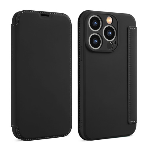 iPhone 15 Pro Imitate Liquid Skin Feel Leather Phone Case with Card Slots - Black