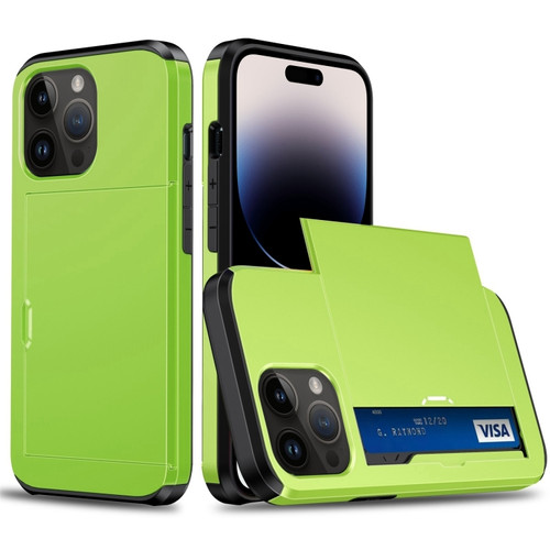 iPhone 15 Pro Shockproof Armor Phone Case with Slide Card Slot - Green