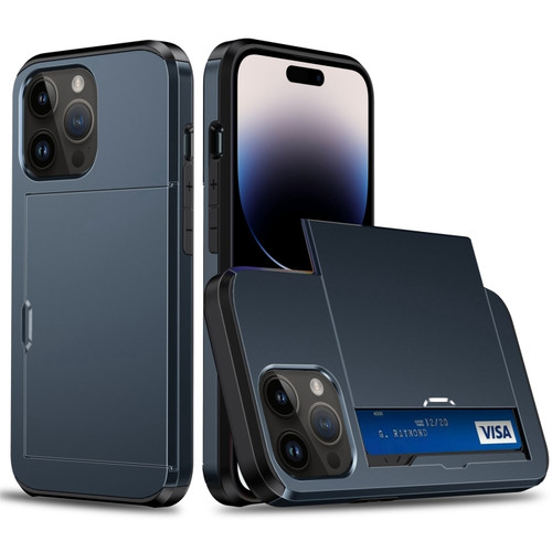 iPhone 15 Pro Shockproof Armor Phone Case with Slide Card Slot - Dark Blue