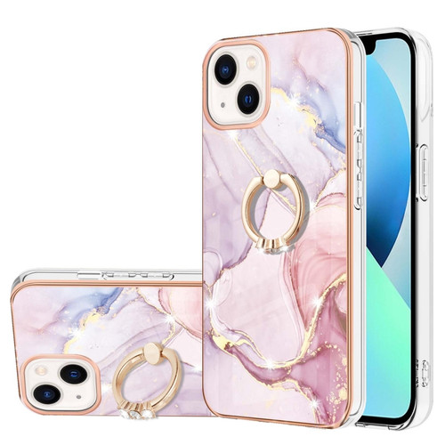 iPhone 15 Electroplating Marble Pattern IMD TPU Shockproof Case with Ring Holder - Rose Gold 005