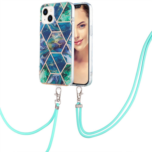 iPhone 15 Electroplating Splicing Marble Pattern IMD TPU Shockproof Case with Neck Lanyard - Blue Green