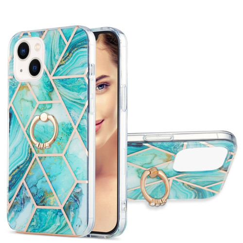 iPhone 15 Electroplating Splicing Marble Pattern IMD TPU Shockproof Case with Ring Holder - Blue