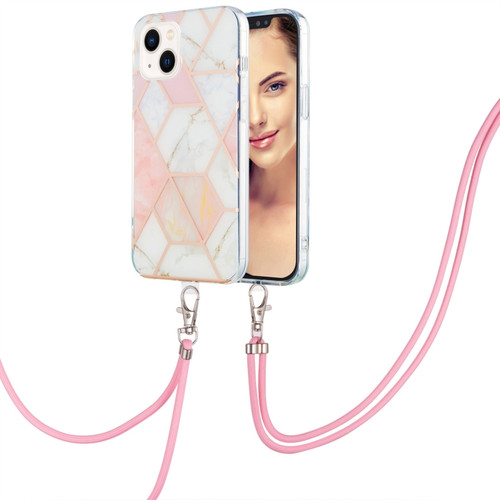 iPhone 15 Electroplating Splicing Marble Pattern IMD TPU Shockproof Case with Neck Lanyard - Pink White