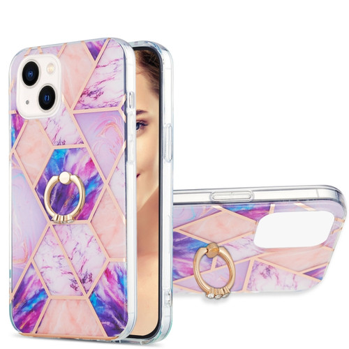 iPhone 15 Electroplating Splicing Marble Pattern IMD TPU Shockproof Case with Ring Holder - Light Purple