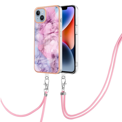 iPhone 15 Electroplating Marble Dual-side IMD Phone Case with Lanyard - Pink 013