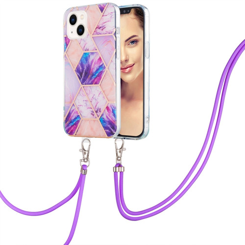 iPhone 15 Electroplating Splicing Marble Pattern IMD TPU Shockproof Case with Neck Lanyard - Light Purple