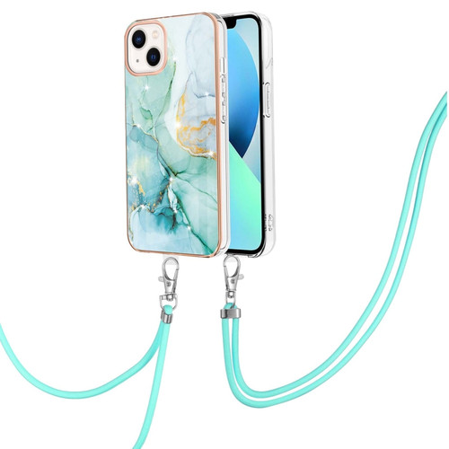 iPhone 15 Electroplating Marble Pattern IMD TPU Shockproof Case with Neck Lanyard - Green 003