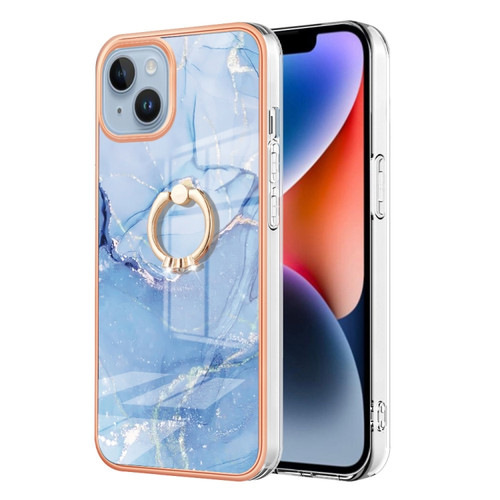 iPhone 15 Electroplating Marble Dual-side IMD Phone Case with Ring - Blue 018