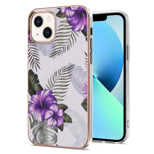 iPhone 15 Electroplating Pattern IMD TPU Shockproof Case - Purple Flower