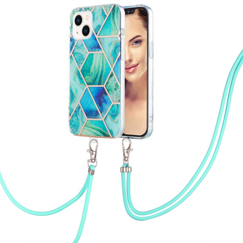 iPhone 15 Electroplating Splicing Marble Pattern IMD TPU Shockproof Case with Neck Lanyard - Green