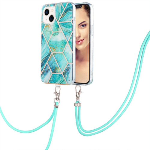 iPhone 15 Electroplating Splicing Marble Pattern IMD TPU Shockproof Case with Neck Lanyard - Blue