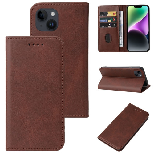 iPhone 15 Magnetic Closure Leather Phone Case - Brown