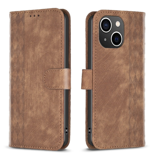 iPhone 15 Plaid Embossed Leather Phone Case - Brown