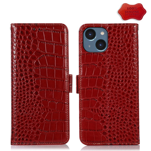 iPhone 15 Crocodile Top Layer Cowhide Leather Phone Case - Red