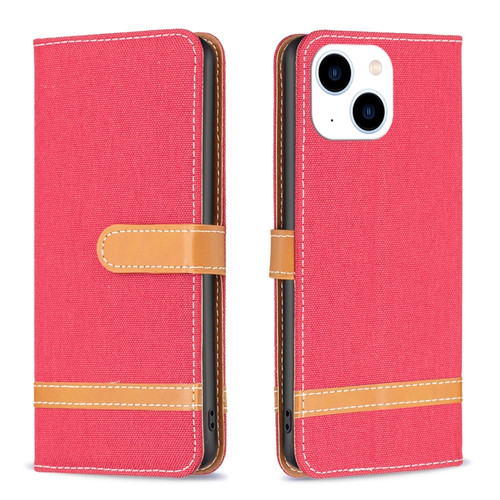 iPhone 15 Color Block Denim Texture Leather Phone Case - Red