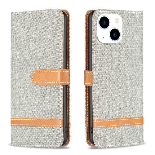 iPhone 15 Color Block Denim Texture Leather Phone Case - Grey