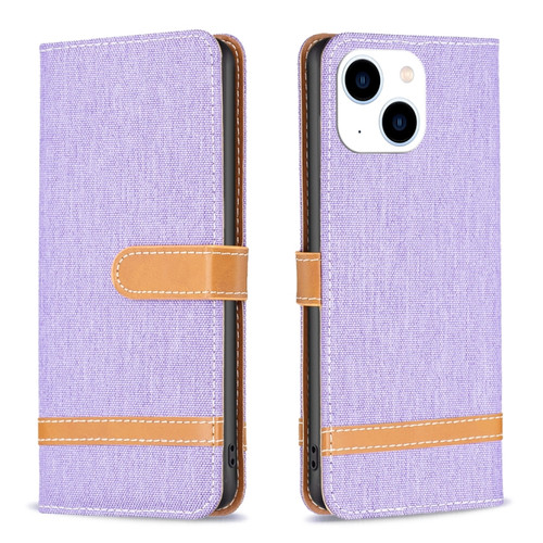 iPhone 15 Color Block Denim Texture Leather Phone Case - Purple
