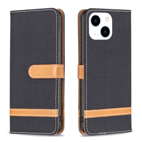 iPhone 15 Color Block Denim Texture Leather Phone Case - Black