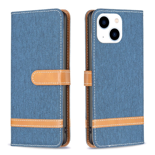 iPhone 15 Color Block Denim Texture Leather Phone Case - Dark Blue