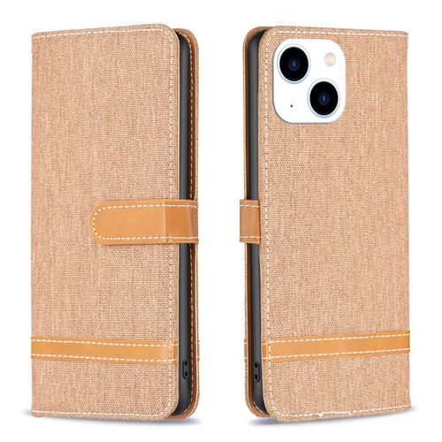 iPhone 15 Color Block Denim Texture Leather Phone Case - Brown