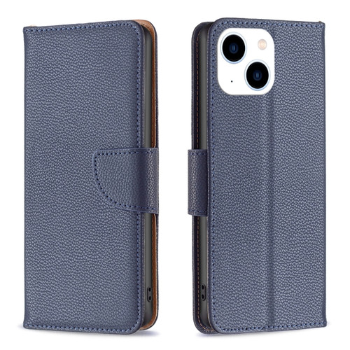 iPhone 15 Litchi Texture Pure Color Flip Leather Phone Case - Blue