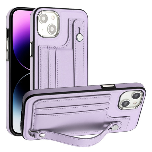 iPhone 15 Shockproof Leather Phone Case with Wrist Strap - Purple