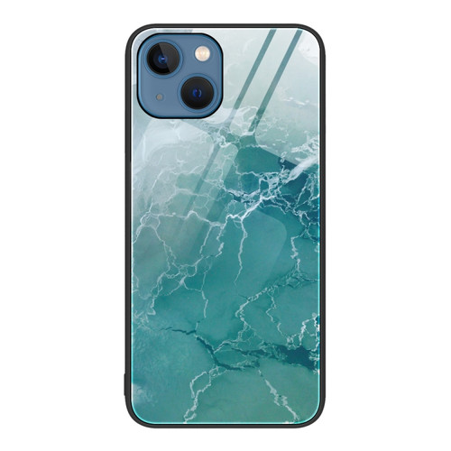 iPhone 15 Marble Pattern Glass Protective Phone Case - Green Ocean