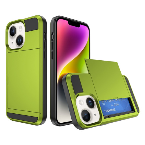 iPhone 15 Multifunction Armor Slide Card Slot Phone Case - Grass Green