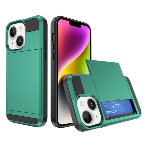 iPhone 15 Multifunction Armor Slide Card Slot Phone Case - Green Lake
